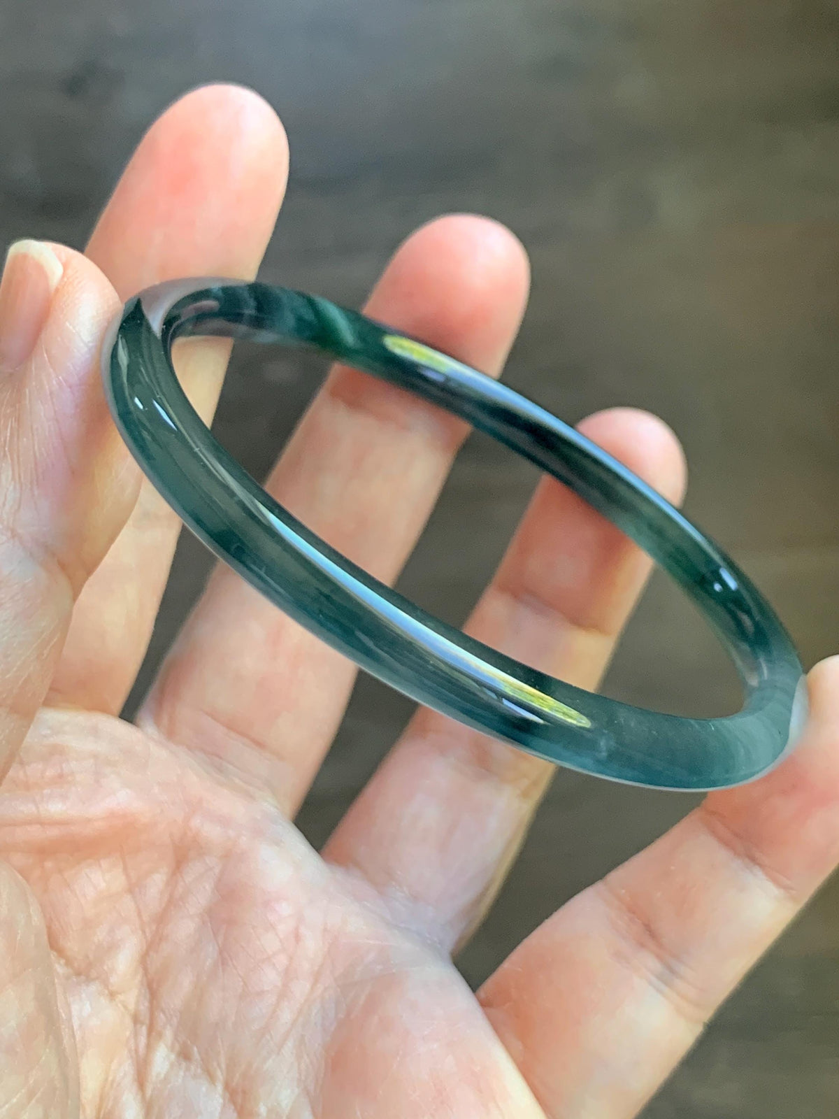 Certified Natural Grade A Guatemalan Icy Highly Translucent Dark Teal Blue Jade Jadeite Slim Bangle 58mm 7.17” 16.5g 天然冰胶危深蓝绿翡翠细圆条手镯 931