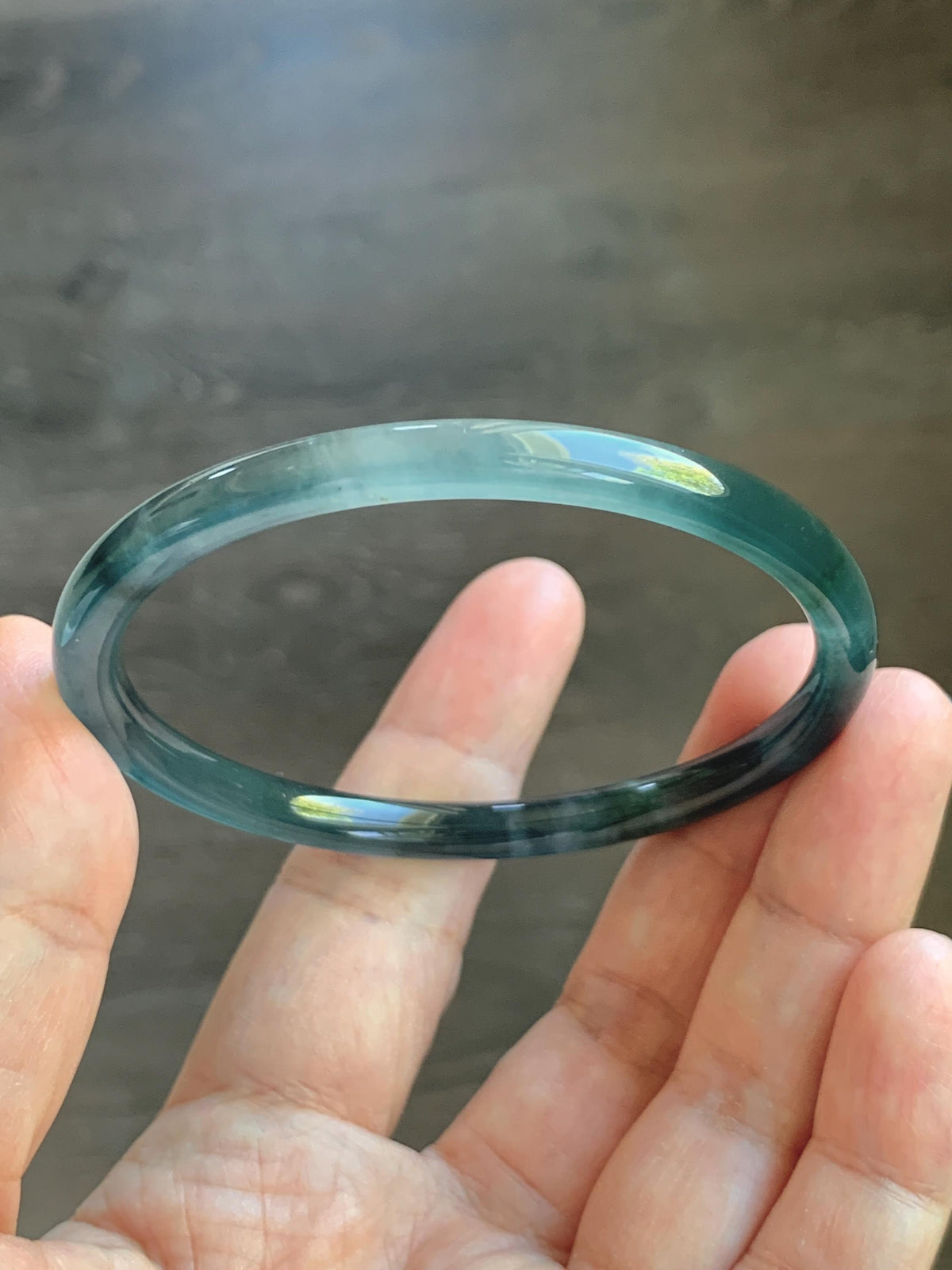 Certified Natural Grade A Guatemalan Icy Highly Translucent Dark Teal Blue Jade Jadeite Slim Bangle 58mm 7.17” 16.5g 天然冰胶危深蓝绿翡翠细圆条手镯 931