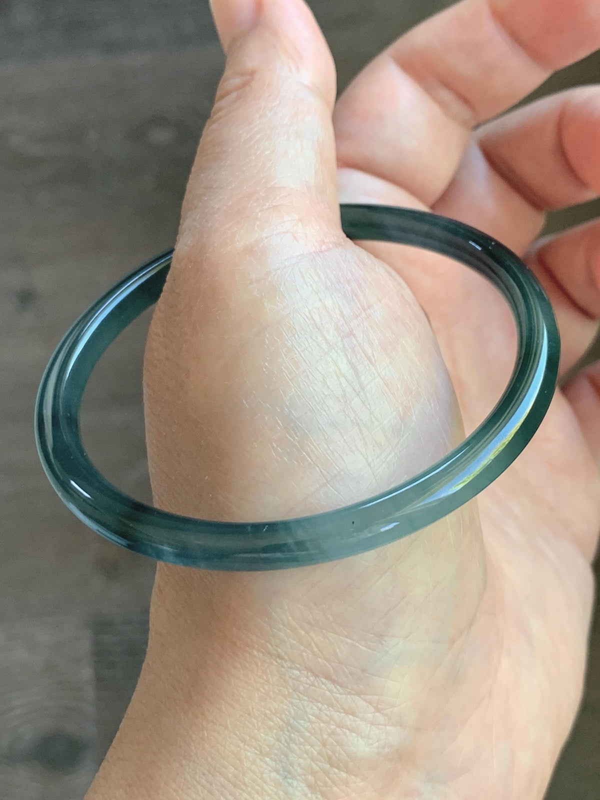 Certified Natural Grade A Guatemalan Icy Highly Translucent Dark Teal Blue Jade Jadeite Slim Bangle 58mm 7.17” 16.5g 天然冰胶危深蓝绿翡翠细圆条手镯 931