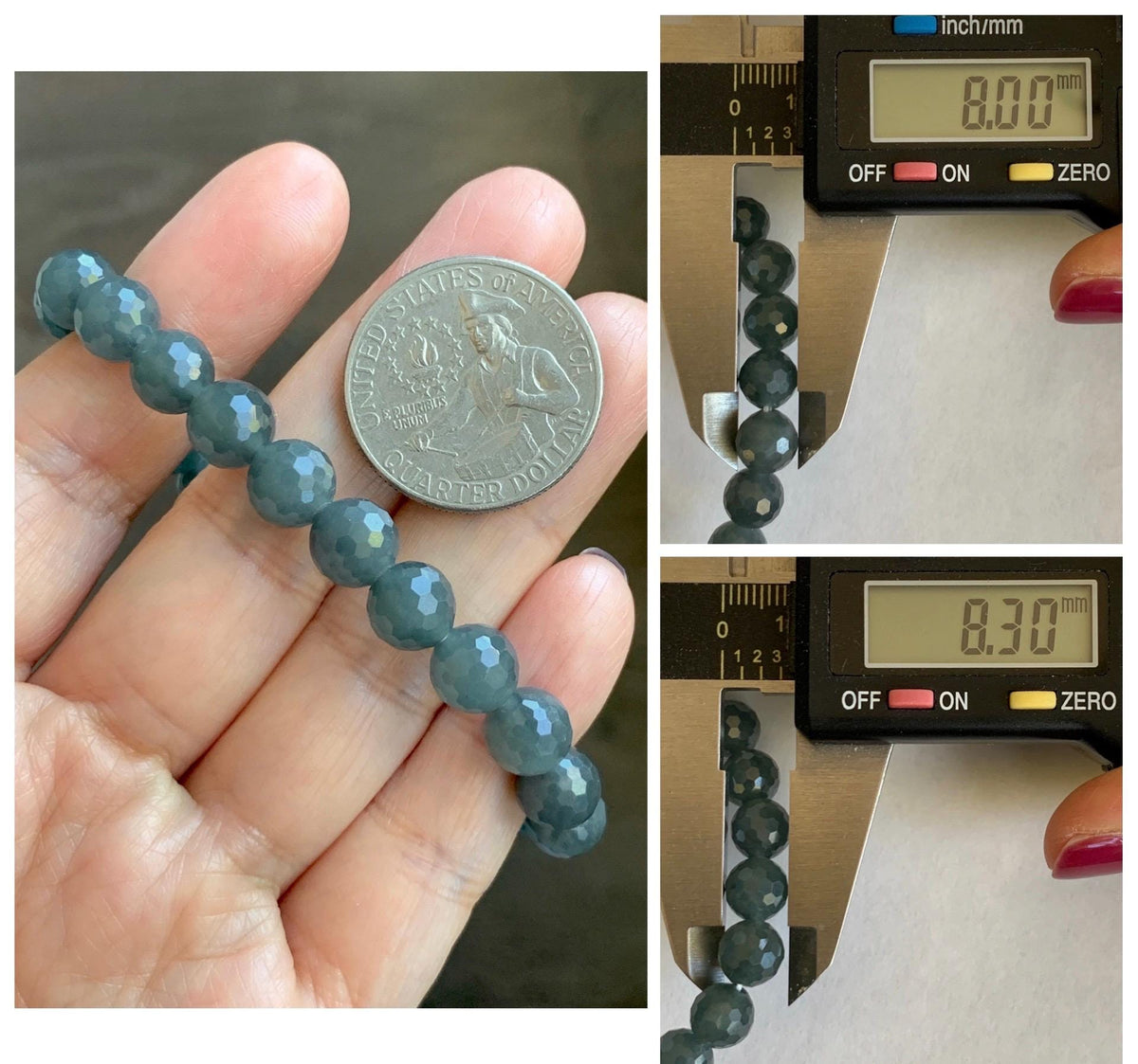 Natural Guatemalan Grade A Icy Translucent Dark Gray Wuji Faceted Jade Jadeite Beaded Bracelet 8mm 7.5" 20g 天然冰危乌鸡翡翠切割面圆珠手串 WQG180A