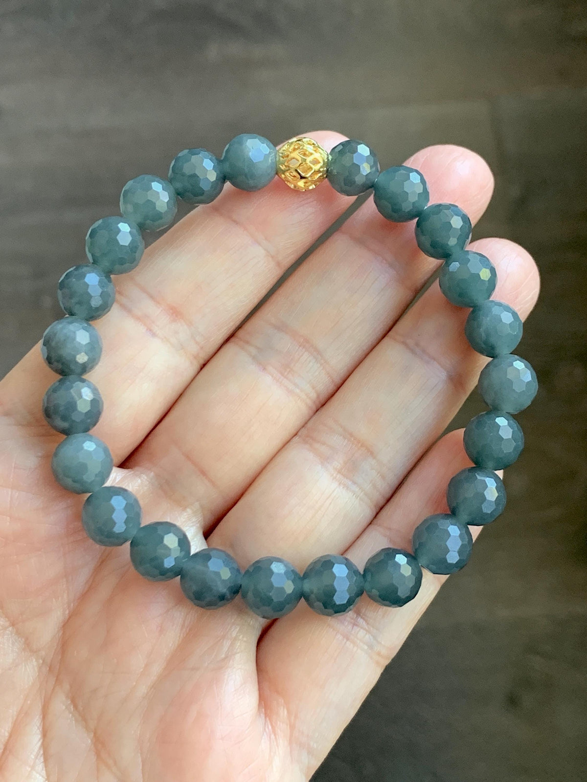 Natural Guatemalan Grade A Icy Translucent Dark Gray Wuji Faceted Jade Jadeite Beaded Bracelet 8mm 7.5" 20g 天然冰危乌鸡翡翠切割面圆珠手串 WQG180A