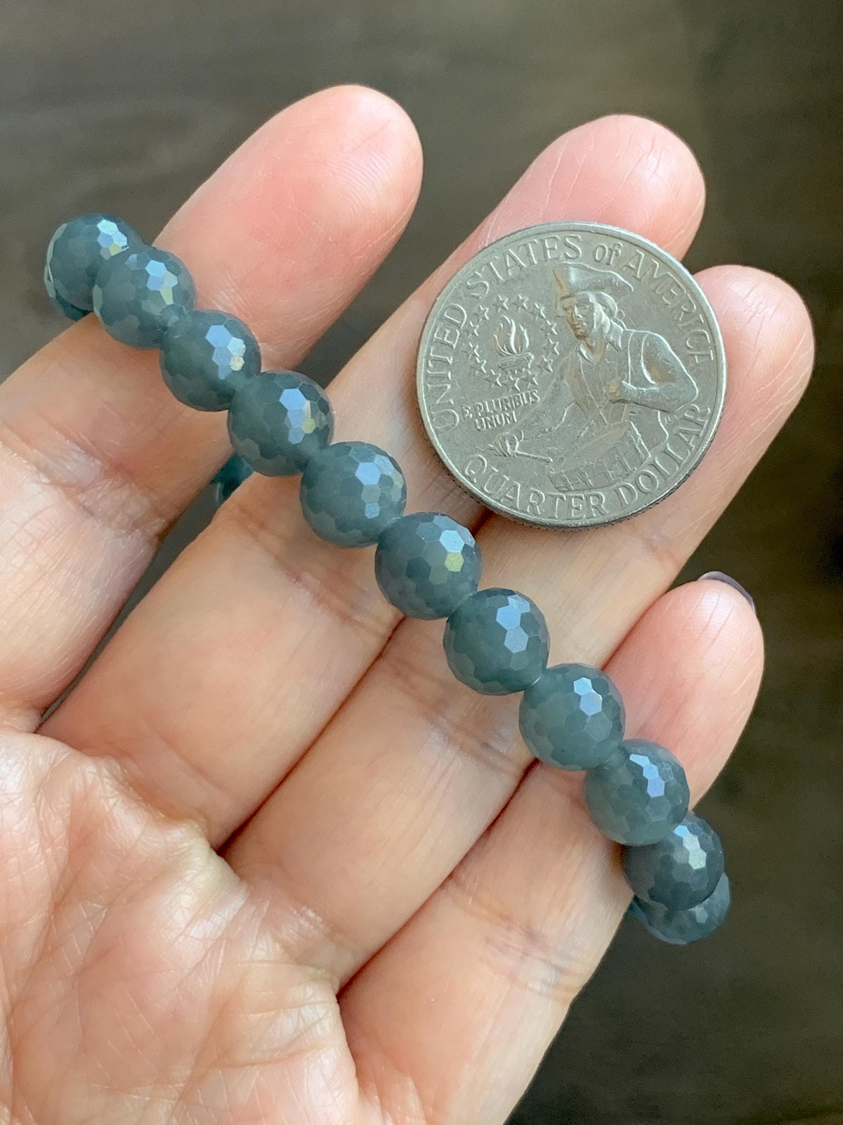 Natural Guatemalan Grade A Icy Translucent Dark Gray Wuji Faceted Jade Jadeite Beaded Bracelet 8mm 7.5" 20g 天然冰危乌鸡翡翠切割面圆珠手串 WQG180A