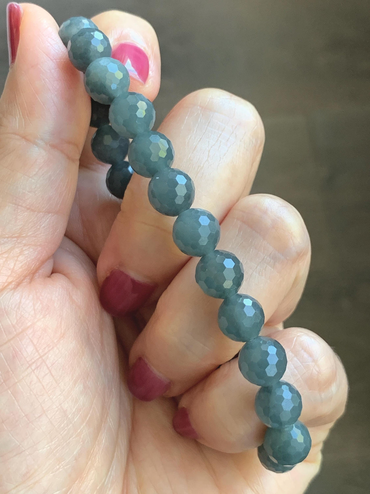 Natural Guatemalan Grade A Icy Translucent Dark Gray Wuji Faceted Jade Jadeite Beaded Bracelet 8mm 7.5" 20g 天然冰危乌鸡翡翠切割面圆珠手串 WQG180A