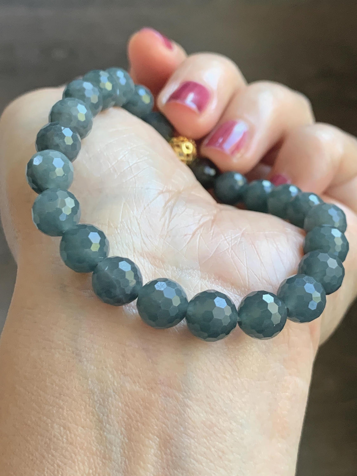 Natural Guatemalan Grade A Icy Translucent Dark Gray Wuji Faceted Jade Jadeite Beaded Bracelet 8mm 7.5" 20g 天然冰危乌鸡翡翠切割面圆珠手串 WQG180A
