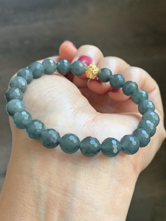 Natural Guatemalan Grade A Icy Translucent Dark Gray Wuji Faceted Jade Jadeite Beaded Bracelet 8mm 7.5" 20g 天然冰危乌鸡翡翠切割面圆珠手串 WQG180A