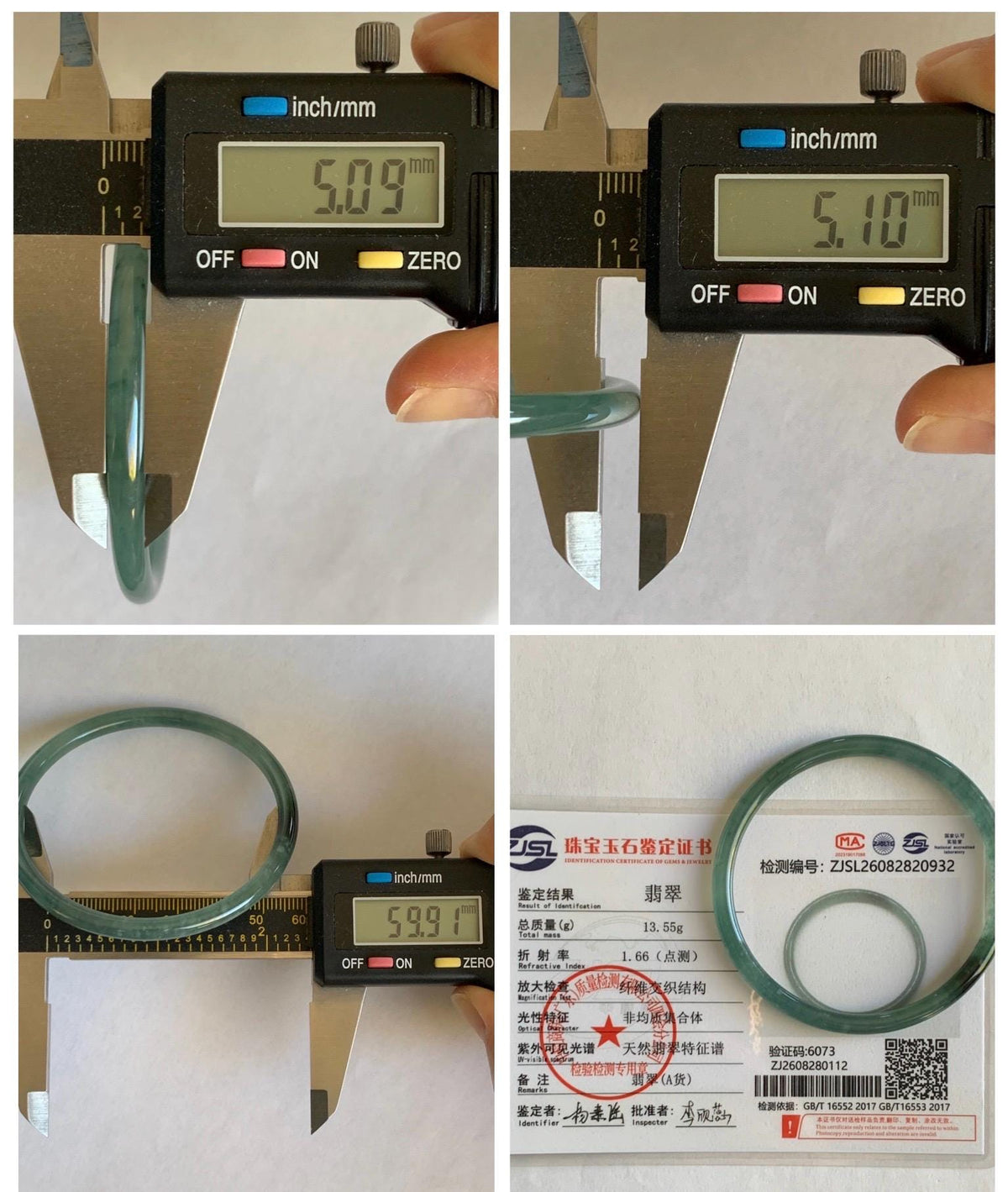Certified Natural Grade A Guatemalan Icy Highly Translucent Dusty Teal Green Jade Jadeite Slim Bangle 59.9mm 7.4” 13.55g 天然冰胶危蓝绿翡翠细圆条手镯 932