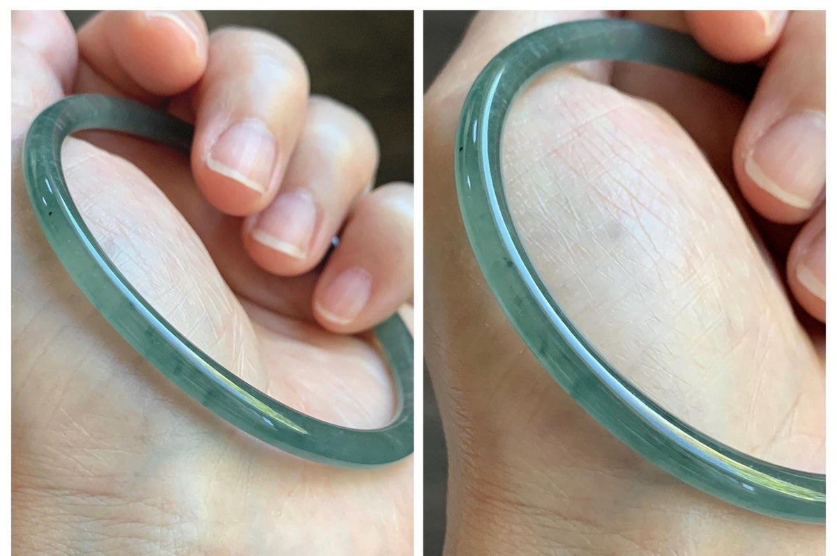 Certified Natural Grade A Guatemalan Icy Highly Translucent Dusty Teal Green Jade Jadeite Slim Bangle 59.9mm 7.4” 13.55g 天然冰胶危蓝绿翡翠细圆条手镯 932