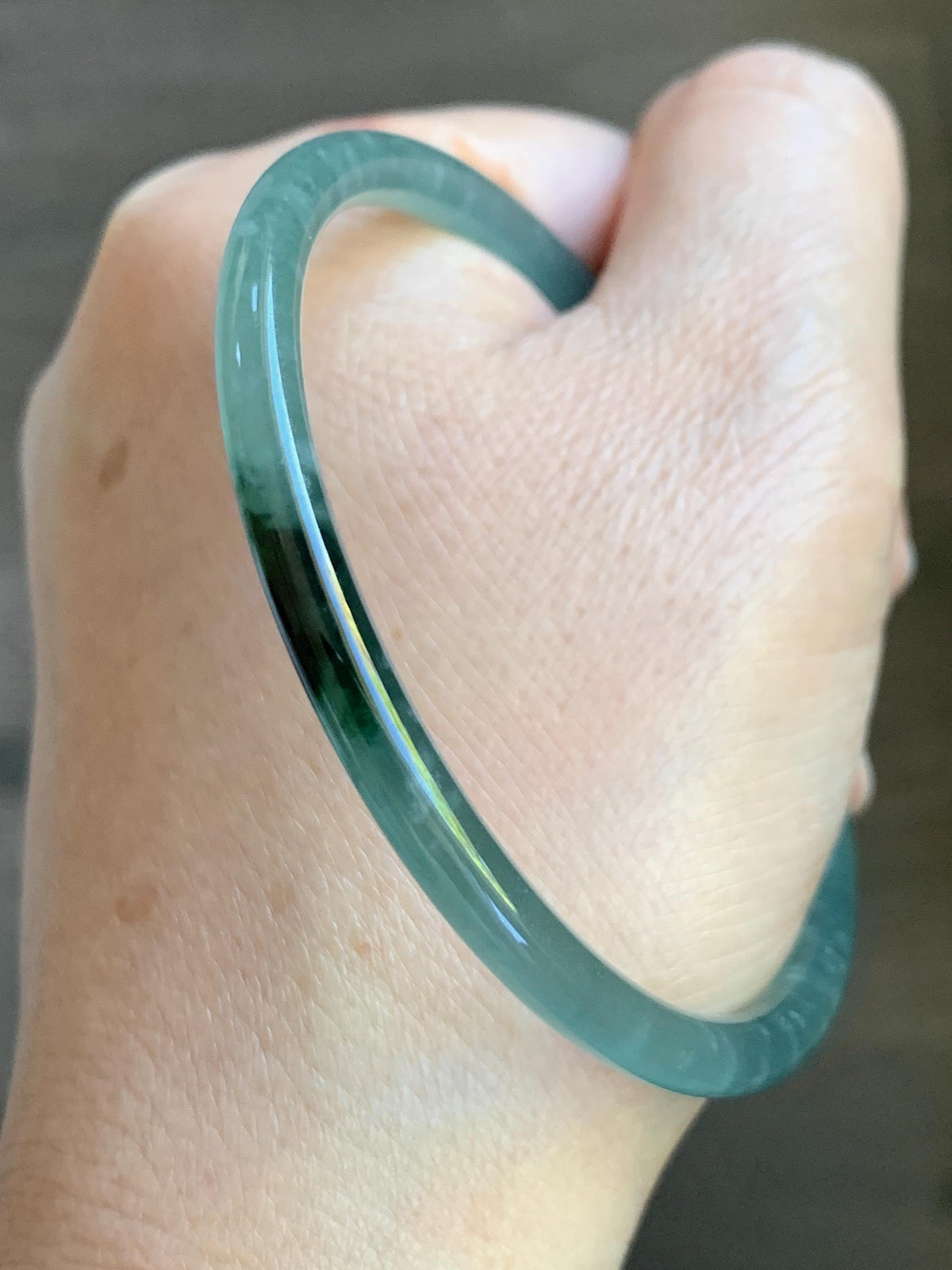 Certified Natural Grade A Guatemalan Icy Highly Translucent Dusty Teal Green Jade Jadeite Slim Bangle 59.9mm 7.4” 13.55g 天然冰胶危蓝绿翡翠细圆条手镯 932