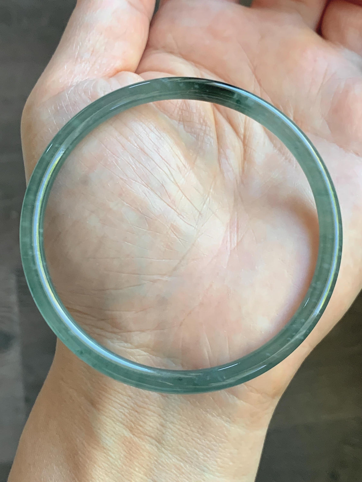 Certified Natural Grade A Guatemalan Icy Highly Translucent Dusty Teal Green Jade Jadeite Slim Bangle 59.9mm 7.4” 13.55g 天然冰胶危蓝绿翡翠细圆条手镯 932