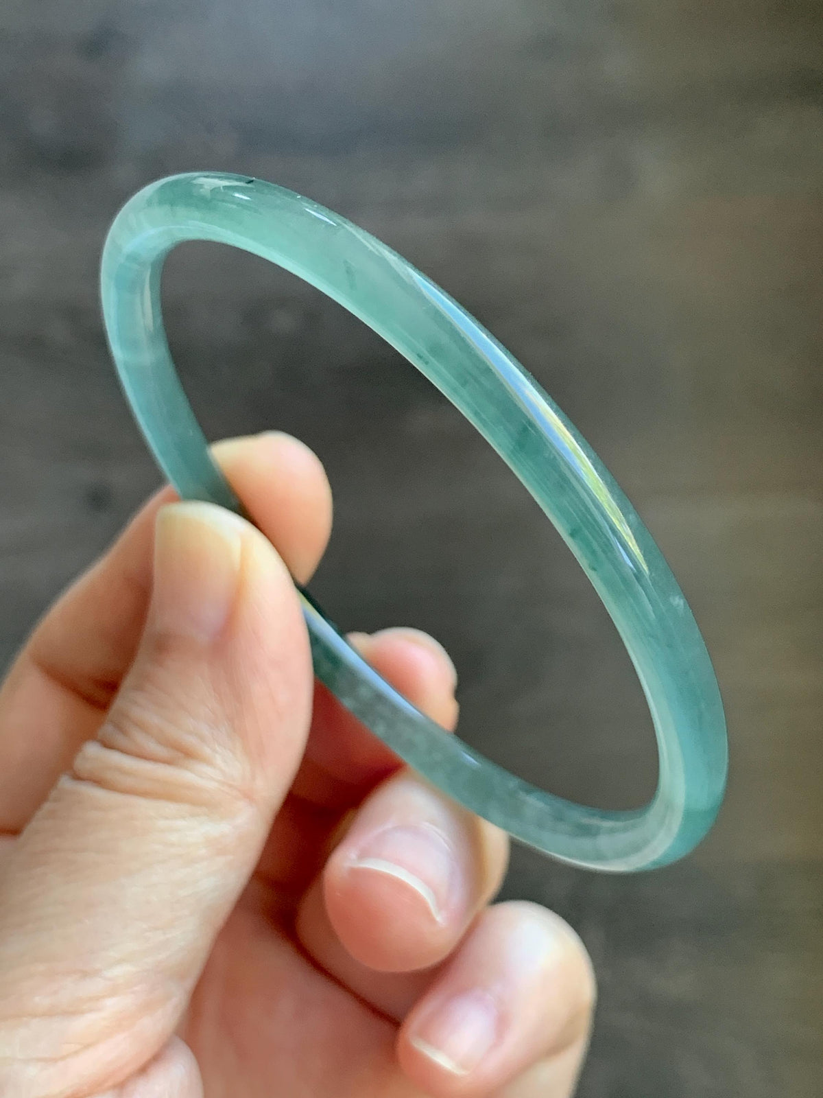 Certified Natural Grade A Guatemalan Icy Highly Translucent Dusty Teal Green Jade Jadeite Slim Bangle 59.9mm 7.4” 13.55g 天然冰胶危蓝绿翡翠细圆条手镯 932