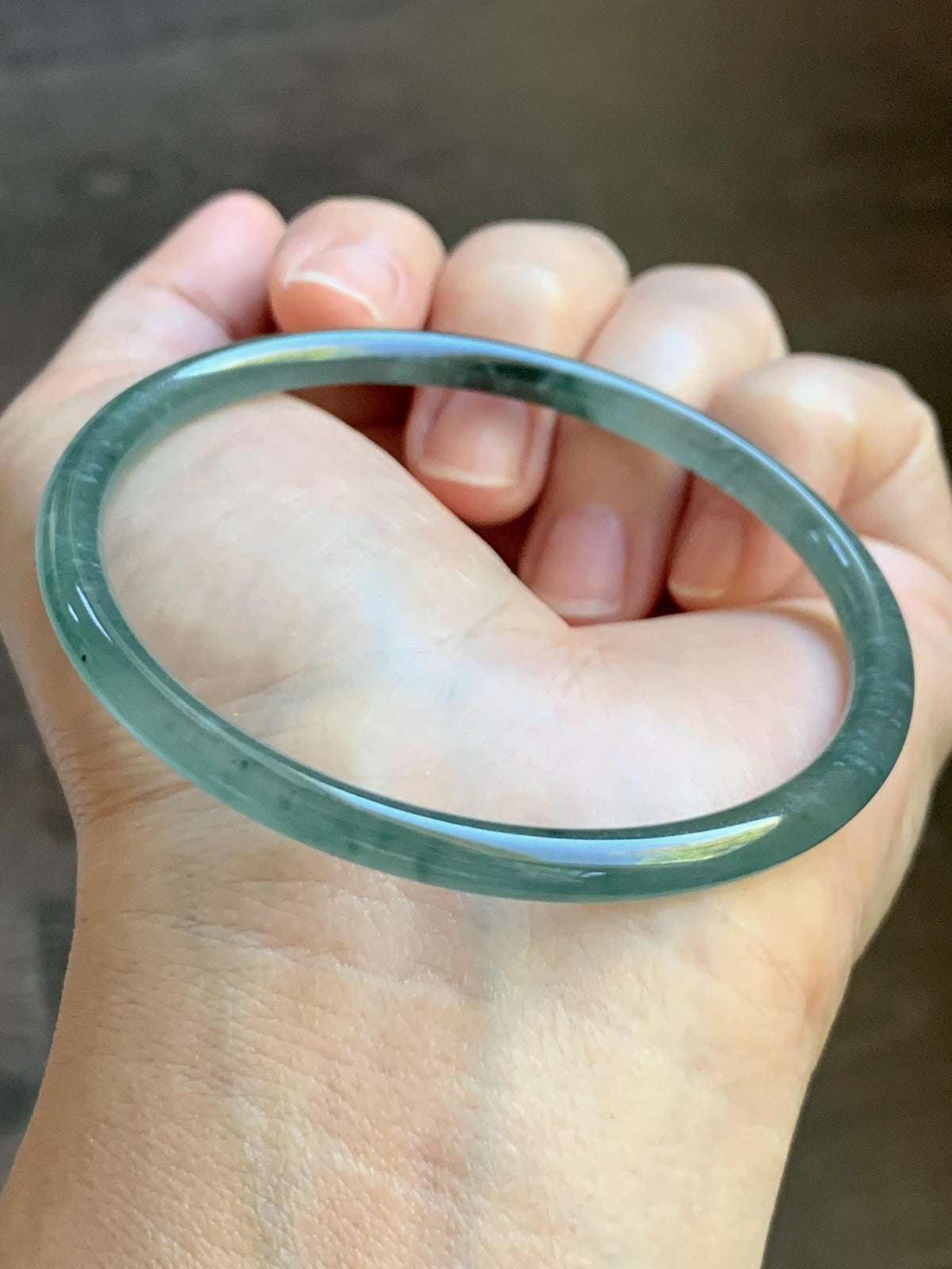 Certified Natural Grade A Guatemalan Icy Highly Translucent Dusty Teal Green Jade Jadeite Slim Bangle 59.9mm 7.4” 13.55g 天然冰胶危蓝绿翡翠细圆条手镯 932