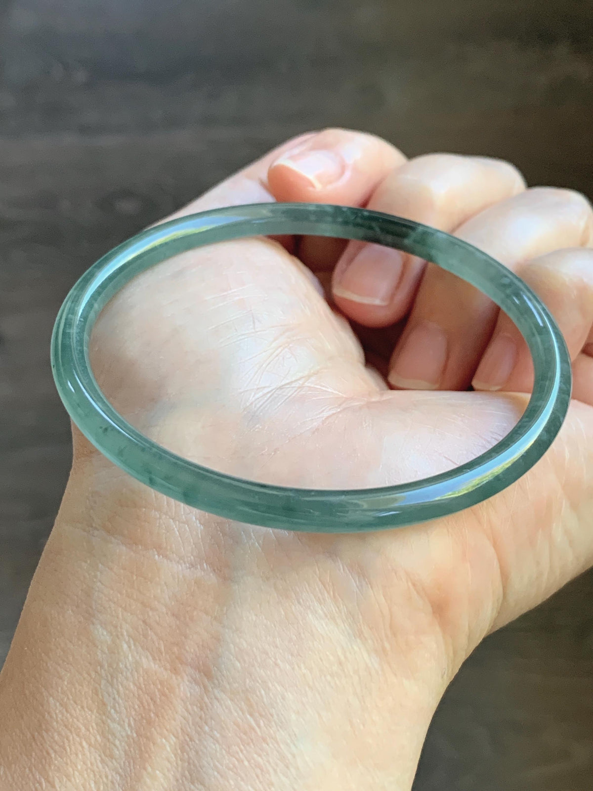 Certified Natural Grade A Guatemalan Icy Highly Translucent Dusty Teal Green Jade Jadeite Slim Bangle 59.9mm 7.4” 13.55g 天然冰胶危蓝绿翡翠细圆条手镯 932