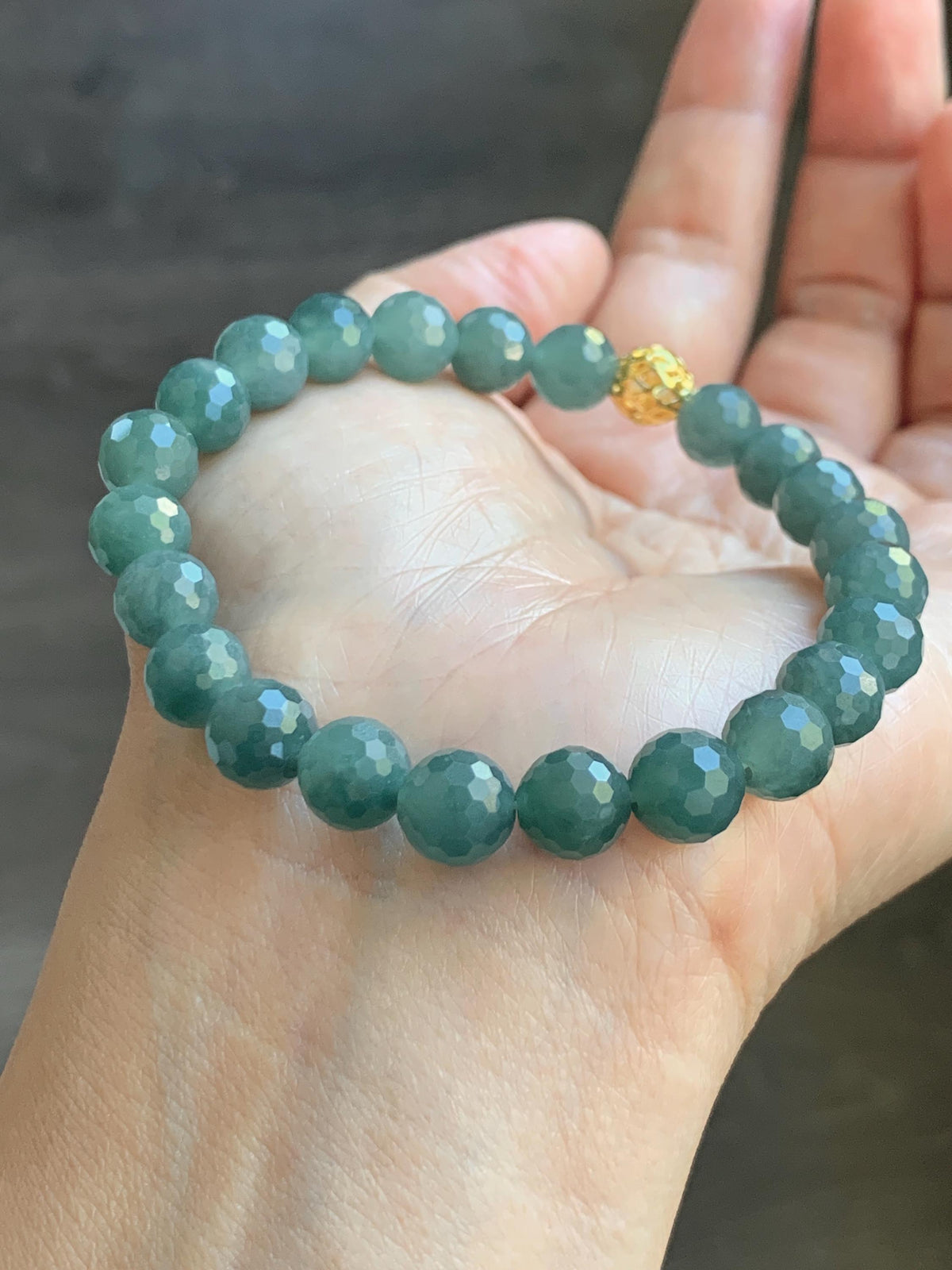 Natural Guatemalan Grade A Icy Translucent Dusty Teal Green Faceted Jade Jadeite Beaded Bracelet 8mm 7.5" 20g 天然冰危暗蓝绿翡翠切割面圆珠手串 WQG180B