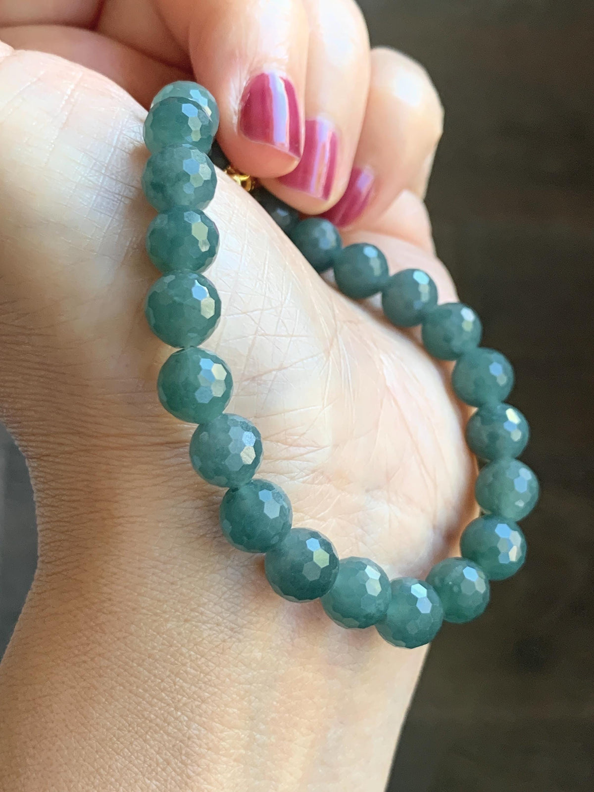 Natural Guatemalan Grade A Icy Translucent Dusty Teal Green Faceted Jade Jadeite Beaded Bracelet 8mm 7.5" 20g 天然冰危暗蓝绿翡翠切割面圆珠手串 WQG180B