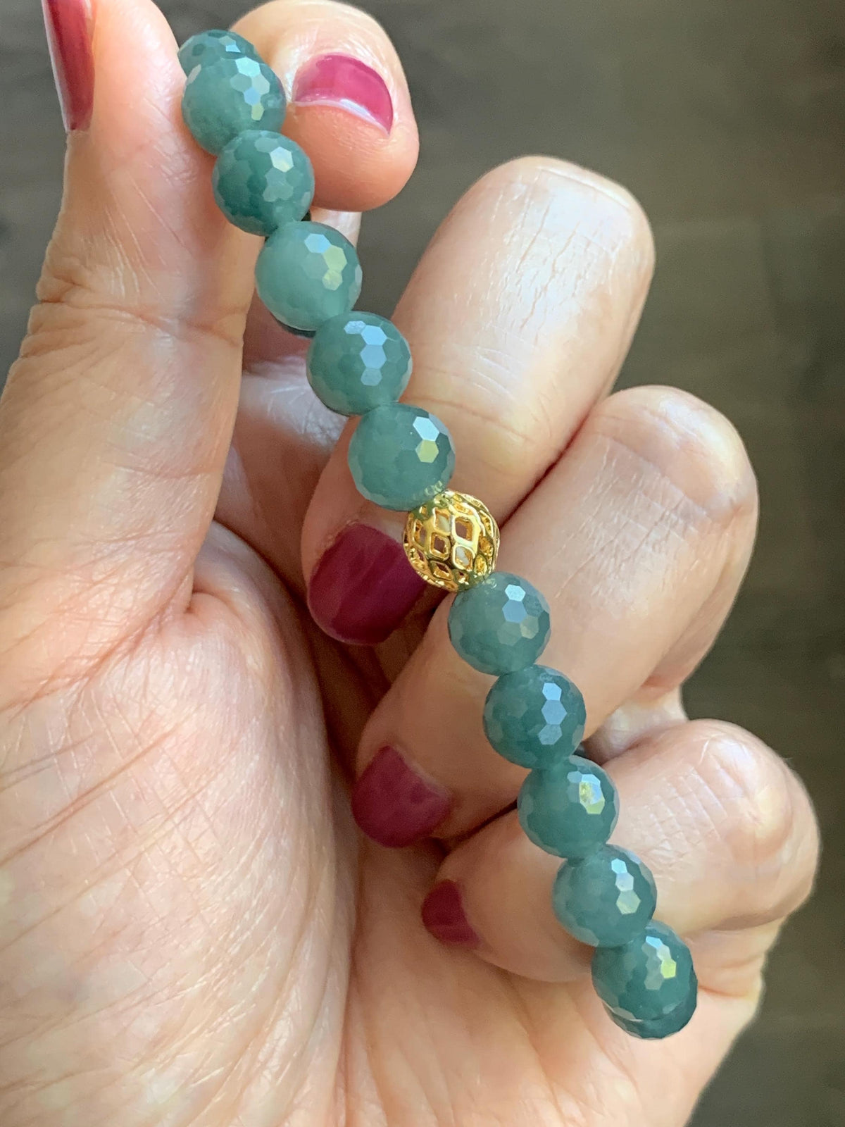 Natural Guatemalan Grade A Icy Translucent Dusty Teal Green Faceted Jade Jadeite Beaded Bracelet 8mm 7.5" 20g 天然冰危暗蓝绿翡翠切割面圆珠手串 WQG180B