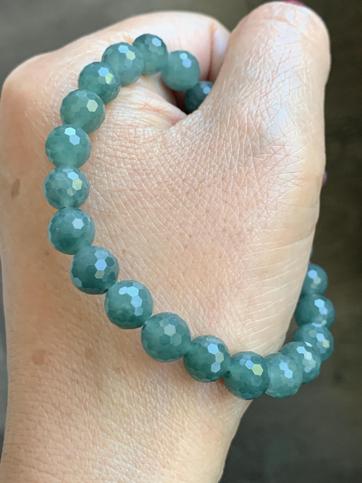 Natural Guatemalan Grade A Icy Translucent Dusty Teal Green Faceted Jade Jadeite Beaded Bracelet 8mm 7.5" 20g 天然冰危暗蓝绿翡翠切割面圆珠手串 WQG180B