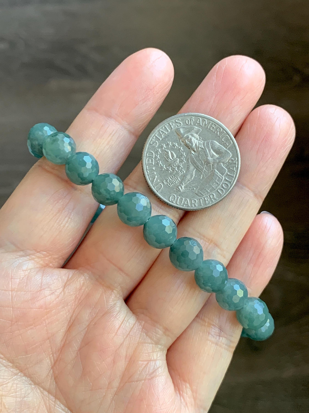 Natural Guatemalan Grade A Icy Translucent Dusty Teal Green Faceted Jade Jadeite Beaded Bracelet 8mm 7.5" 20g 天然冰危暗蓝绿翡翠切割面圆珠手串 WQG180B