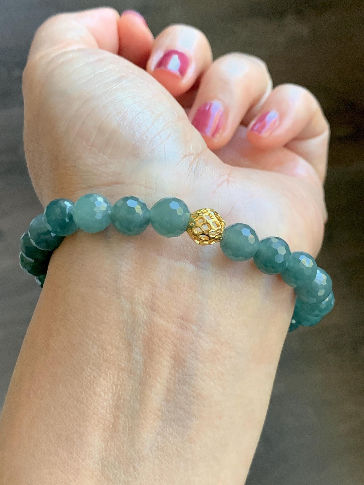 Natural Guatemalan Grade A Icy Translucent Dusty Teal Green Faceted Jade Jadeite Beaded Bracelet 8mm 7.5" 20g 天然冰危暗蓝绿翡翠切割面圆珠手串 WQG180B
