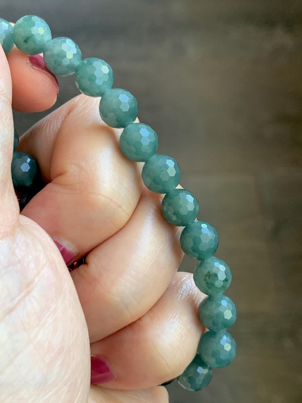 Natural Guatemalan Grade A Icy Translucent Dusty Teal Green Faceted Jade Jadeite Beaded Bracelet 8mm 7.5" 20g 天然冰危暗蓝绿翡翠切割面圆珠手串 WQG180B