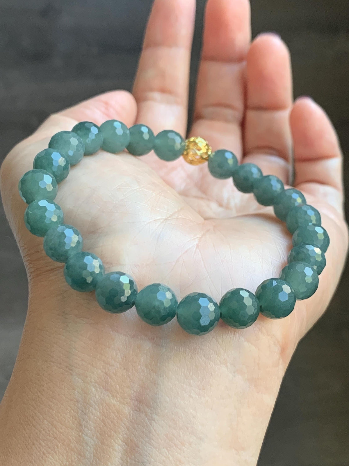 Natural Guatemalan Grade A Icy Translucent Dusty Teal Green Faceted Jade Jadeite Beaded Bracelet 8mm 7.5" 20g 天然冰危暗蓝绿翡翠切割面圆珠手串 WQG180B