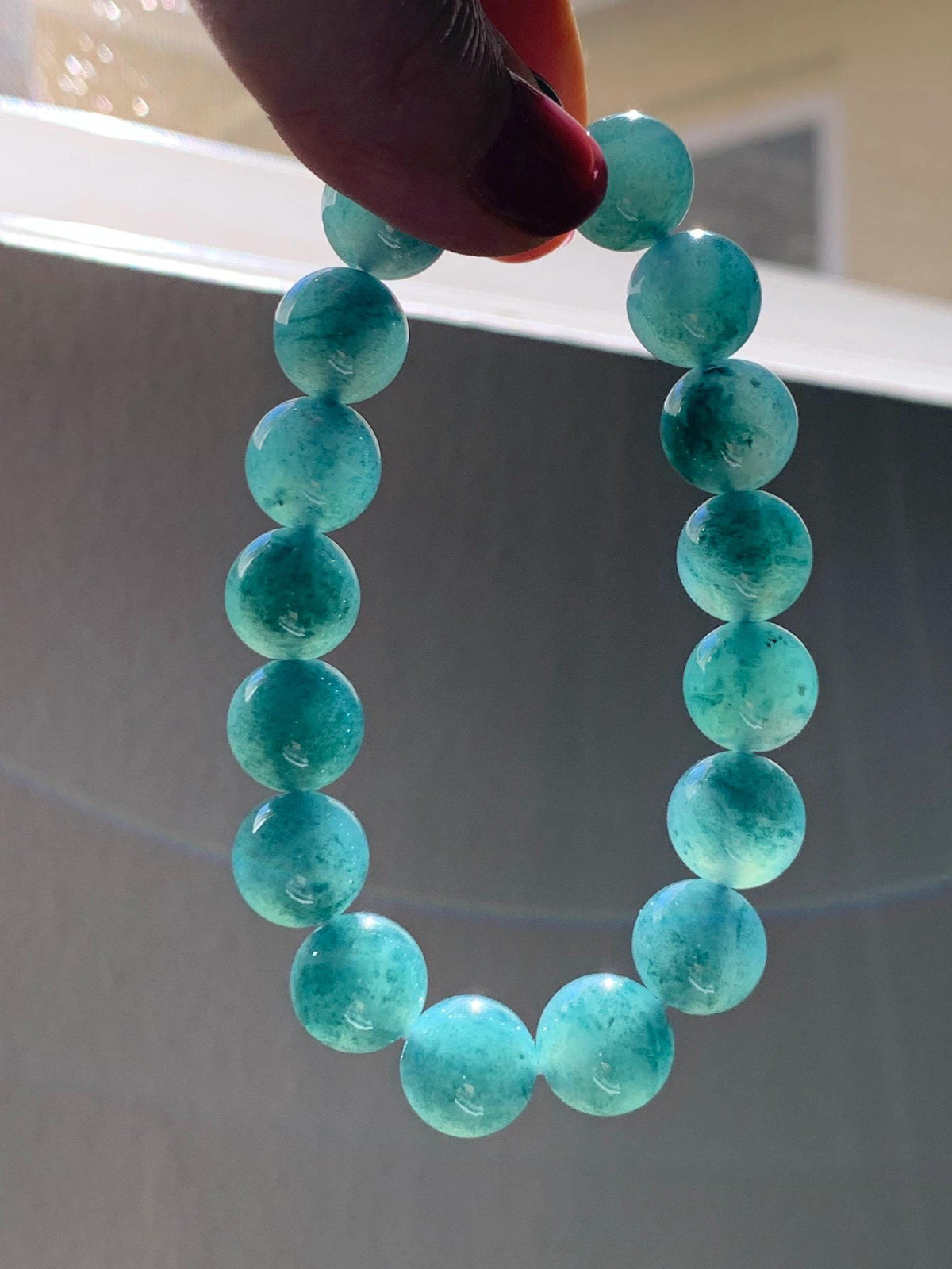 Certified Natural Grade A Guatemalan Icy Highly Translucent Teal Green Marble Jade Jadeite Beaded Bracelet 11.8mm 7.4” 48g 天然冰胶危蓝绿飘花翡翠手串 971