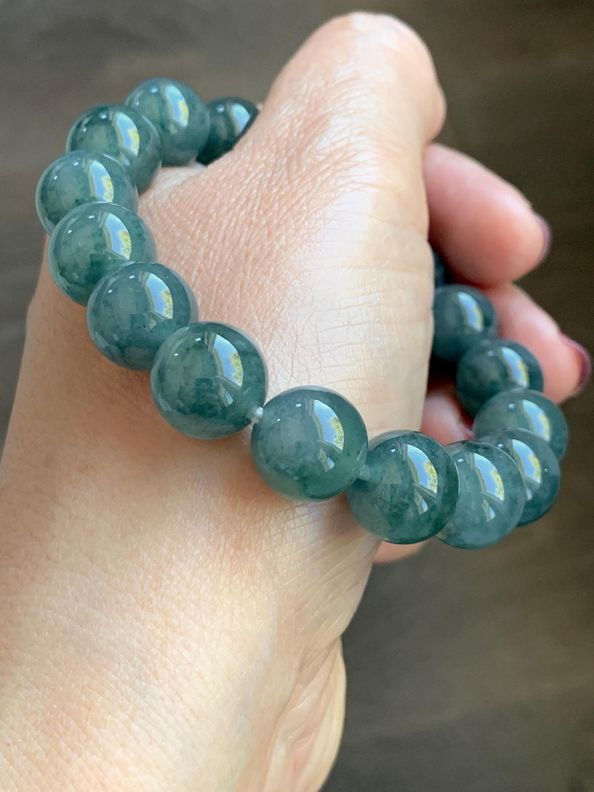 Certified Natural Grade A Guatemalan Icy Highly Translucent Teal Green Marble Jade Jadeite Beaded Bracelet 11.8mm 7.4” 48g 天然冰胶危蓝绿飘花翡翠手串 971