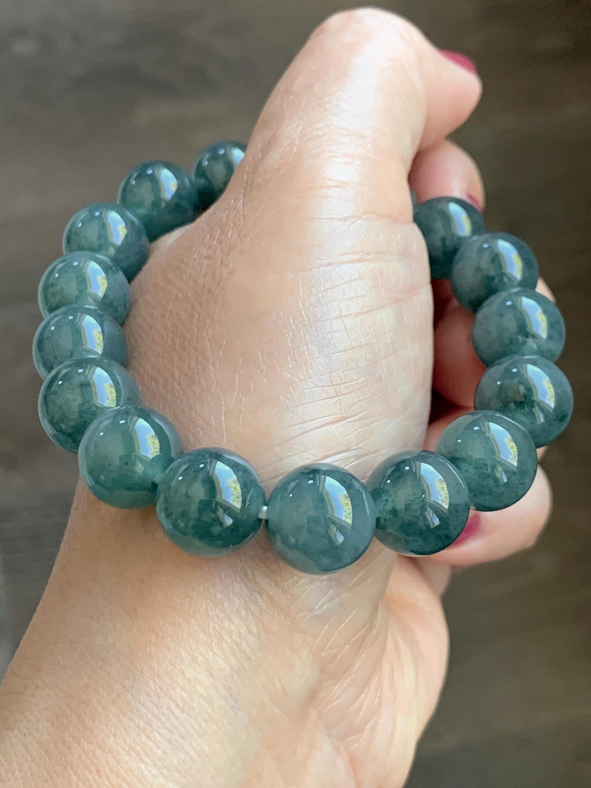Certified Natural Grade A Guatemalan Icy Highly Translucent Teal Green Marble Jade Jadeite Beaded Bracelet 11.8mm 7.4” 48g 天然冰胶危蓝绿飘花翡翠手串 971