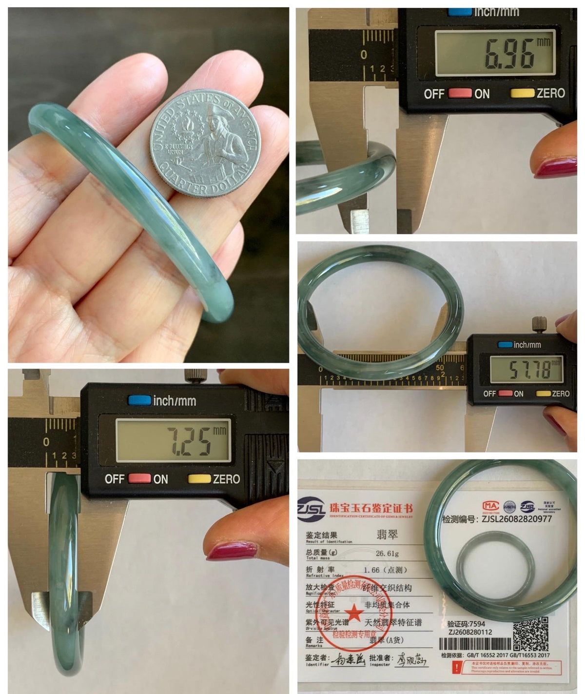 Certified Natural Grade A Guatemalan Icy Translucent Dusty Teal Green Wuji Jade Jadeite Bangle Bracelet 57.8mm 7.14” 27g 天然冰危暗蓝绿翡翠圆条手镯 977