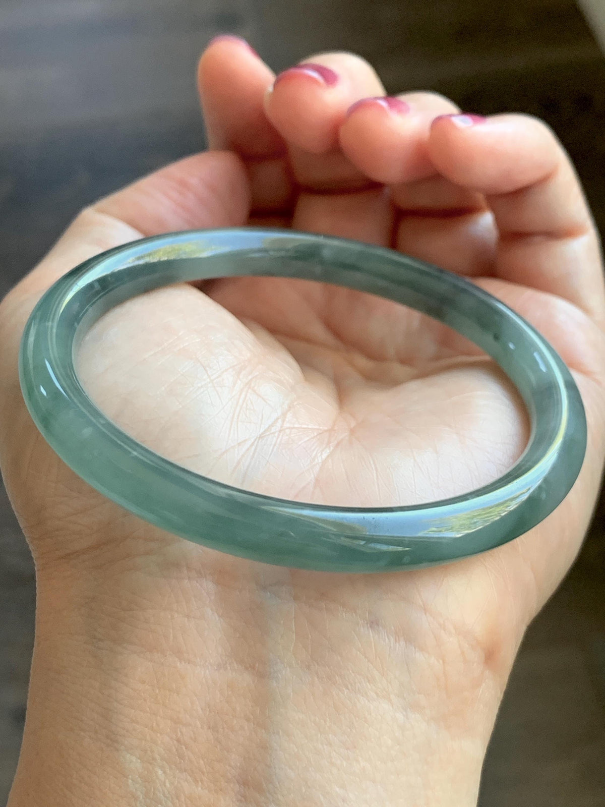 Certified Natural Grade A Guatemalan Icy Translucent Dusty Teal Green Wuji Jade Jadeite Bangle Bracelet 57.8mm 7.14” 27g 天然冰危暗蓝绿翡翠圆条手镯 977