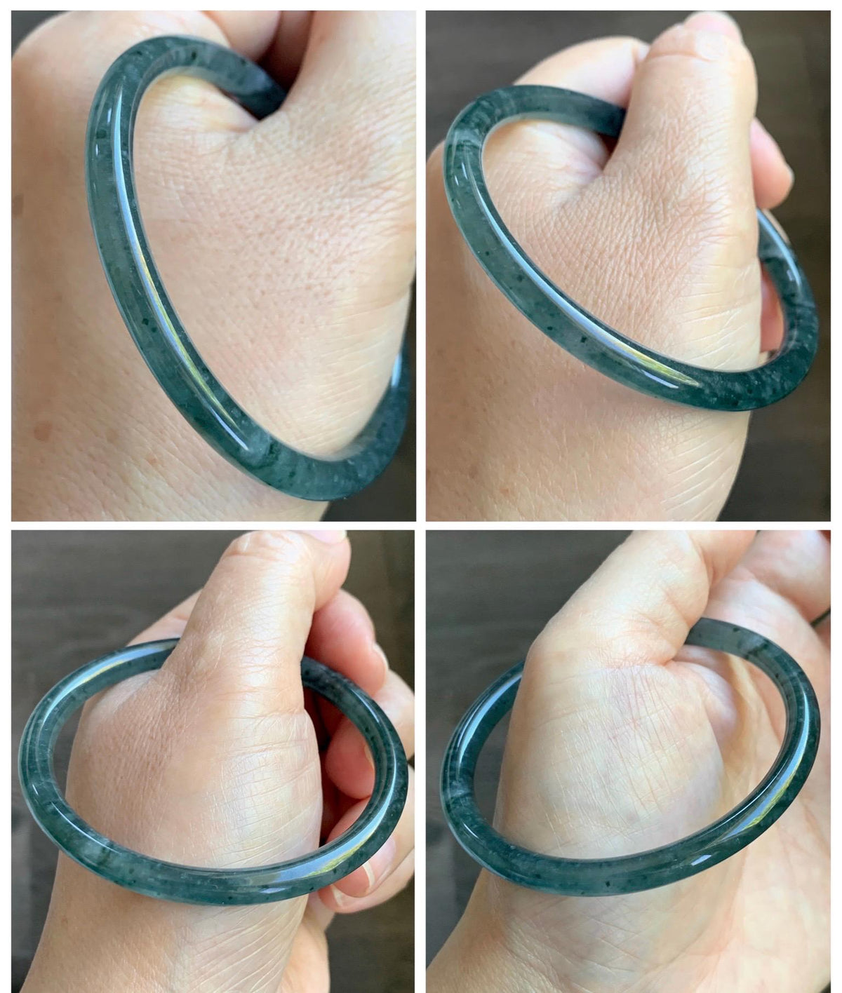 Certified Natural Grade A Guatemalan Icy Translucent Dark Dusty Teal Green Jade Jadeite Slim Bangle 55.22mm 6.83” 16.44g 天然冰胶危蓝绿翡翠细圆条手镯994