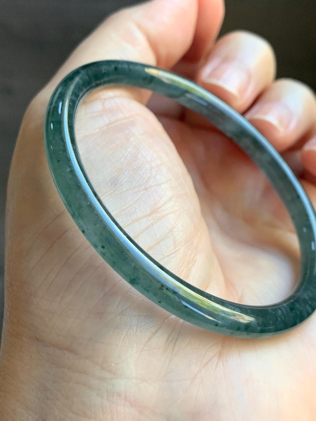 Certified Natural Grade A Guatemalan Icy Translucent Dark Dusty Teal Green Jade Jadeite Slim Bangle 55.22mm 6.83” 16.44g 天然冰胶危蓝绿翡翠细圆条手镯994
