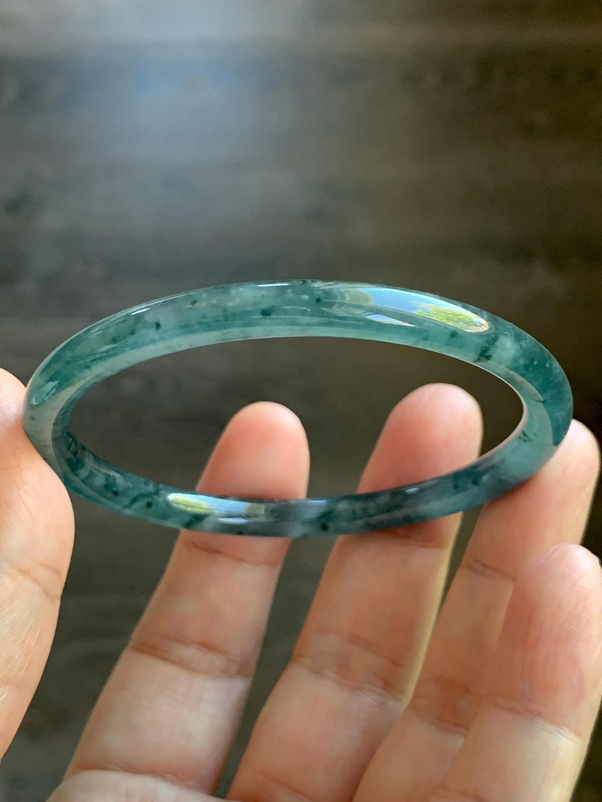 Certified Natural Grade A Guatemalan Icy Translucent Dark Dusty Teal Green Jade Jadeite Slim Bangle 55.22mm 6.83” 16.44g 天然冰胶危蓝绿翡翠细圆条手镯994