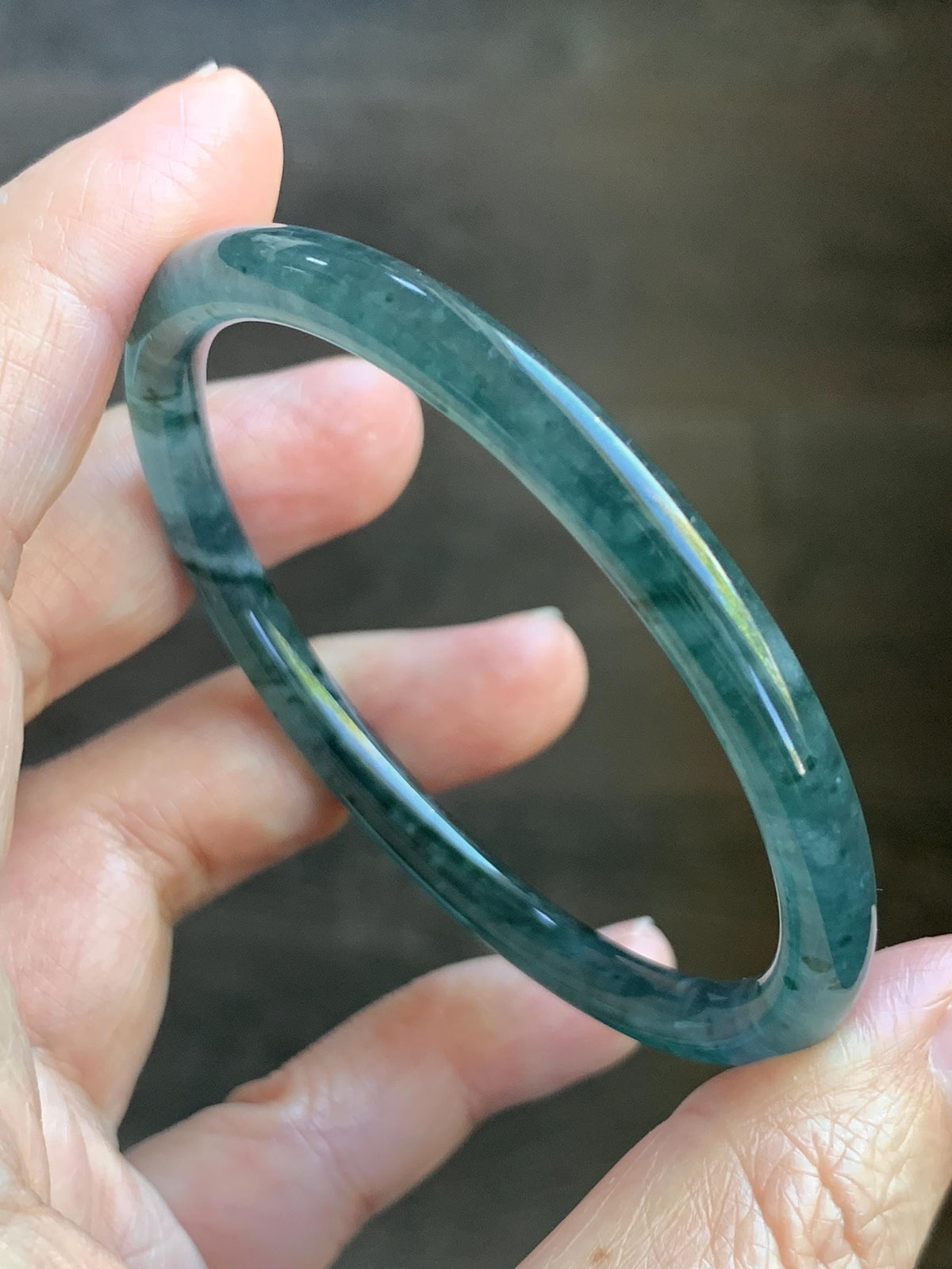 Certified Natural Grade A Guatemalan Icy Translucent Dark Dusty Teal Green Jade Jadeite Slim Bangle 55.22mm 6.83” 16.44g 天然冰胶危蓝绿翡翠细圆条手镯994