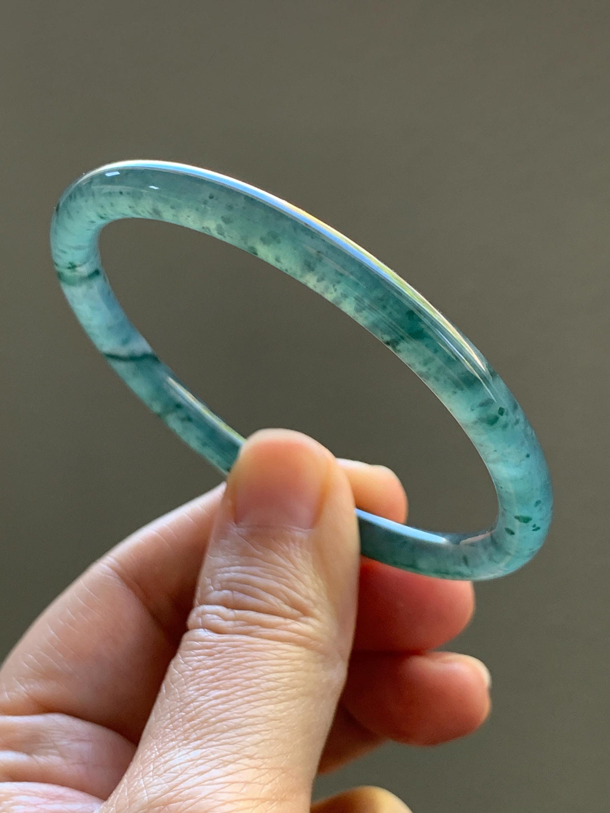 Certified Natural Grade A Guatemalan Icy Translucent Dark Dusty Teal Green Jade Jadeite Slim Bangle 55.22mm 6.83” 16.44g 天然冰胶危蓝绿翡翠细圆条手镯994