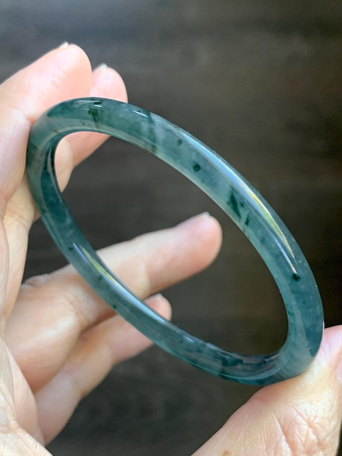 Certified Natural Grade A Guatemalan Icy Translucent Dark Dusty Teal Green Jade Jadeite Slim Bangle 55.22mm 6.83” 16.44g 天然冰胶危蓝绿翡翠细圆条手镯994
