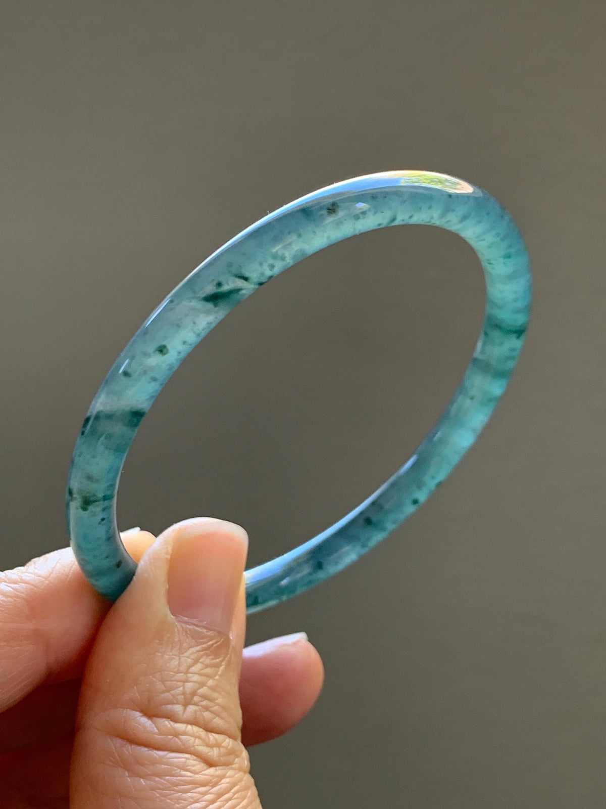 Certified Natural Grade A Guatemalan Icy Translucent Dark Dusty Teal Green Jade Jadeite Slim Bangle 55.22mm 6.83” 16.44g 天然冰胶危蓝绿翡翠细圆条手镯994