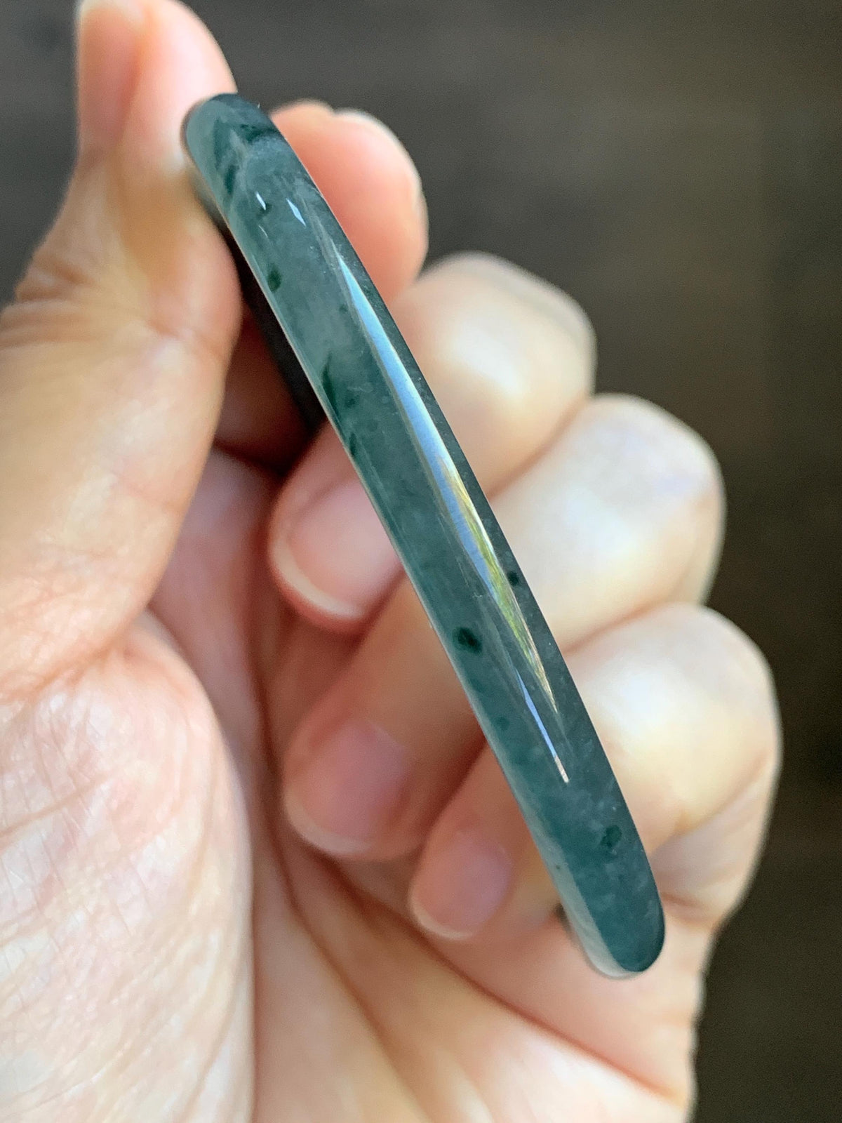 Certified Natural Grade A Guatemalan Icy Translucent Dark Dusty Teal Green Jade Jadeite Slim Bangle 55.22mm 6.83” 16.44g 天然冰胶危蓝绿翡翠细圆条手镯994