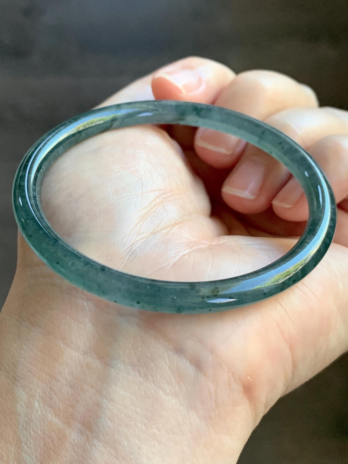 Certified Natural Grade A Guatemalan Icy Translucent Dark Dusty Teal Green Jade Jadeite Slim Bangle 55.22mm 6.83” 16.44g 天然冰胶危蓝绿翡翠细圆条手镯994