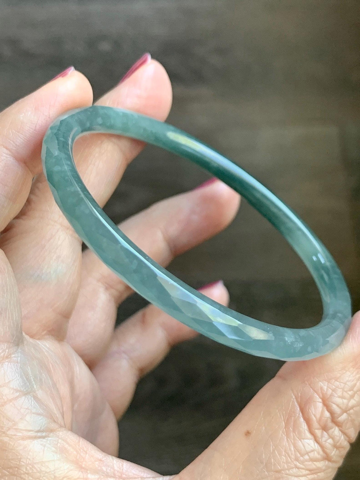 Certified Natural Grade A Guatemalan Icy Translucent Dusty Teal Jade Jadeite Diamond Faceted Slim Bangle 58.31mm 7.2” 天然冰危蓝绿翡翠细圆条切割面手镯 922