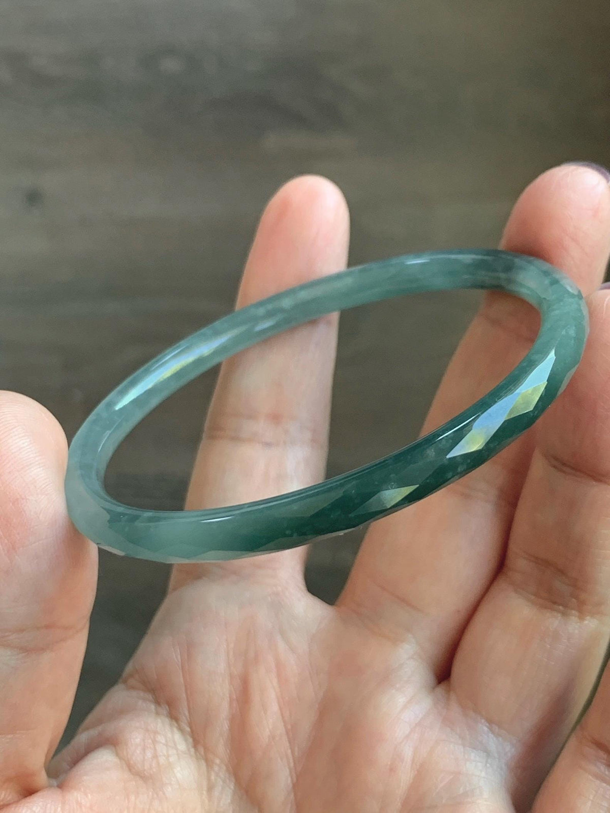 Certified Natural Grade A Guatemalan Icy Translucent Dusty Teal Jade Jadeite Diamond Faceted Slim Bangle 58.31mm 7.2” 天然冰危蓝绿翡翠细圆条切割面手镯 922