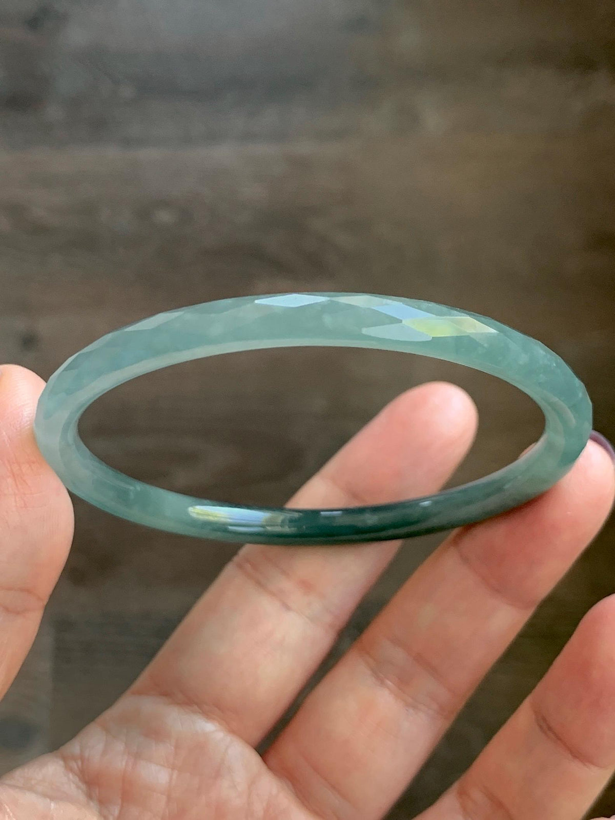 Certified Natural Grade A Guatemalan Icy Translucent Dusty Teal Jade Jadeite Diamond Faceted Slim Bangle 58.31mm 7.2” 天然冰危蓝绿翡翠细圆条切割面手镯 922