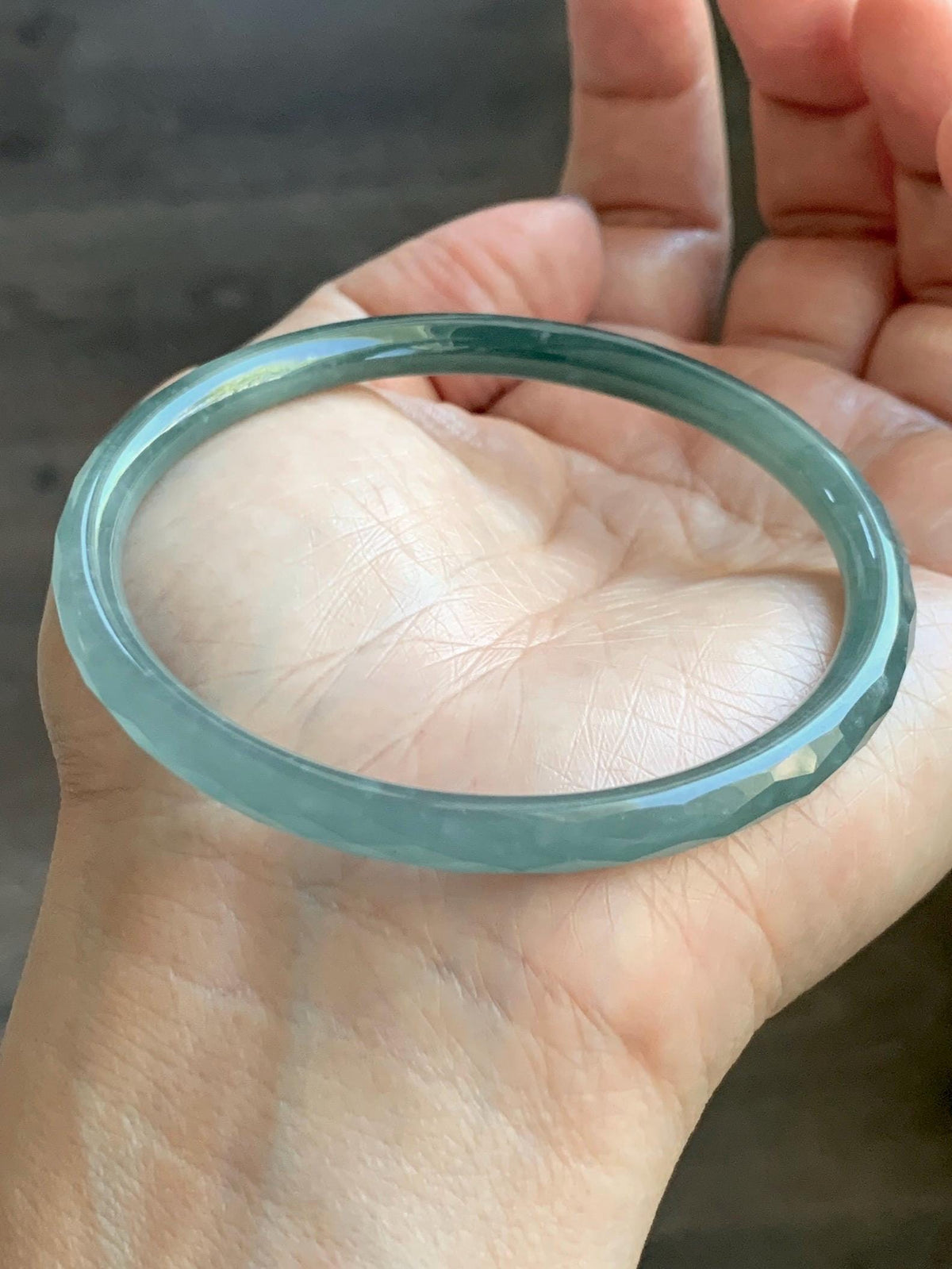 Certified Natural Grade A Guatemalan Icy Translucent Dusty Teal Jade Jadeite Diamond Faceted Slim Bangle 58.31mm 7.2” 天然冰危蓝绿翡翠细圆条切割面手镯 922