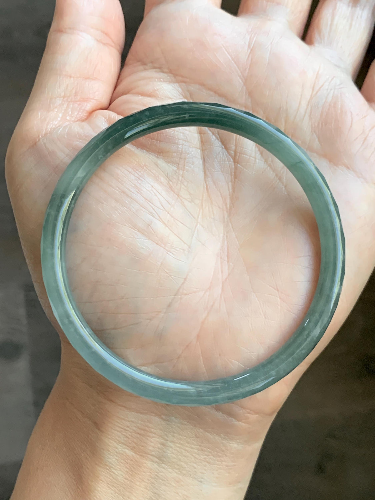 Certified Natural Grade A Guatemalan Icy Translucent Dusty Teal Jade Jadeite Diamond Faceted Slim Bangle 58.31mm 7.2” 天然冰危蓝绿翡翠细圆条切割面手镯 922