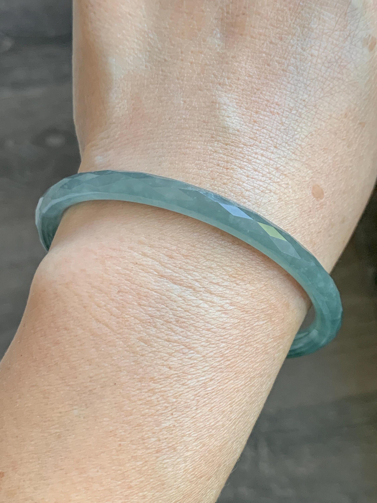 Certified Natural Grade A Guatemalan Icy Translucent Dusty Teal Jade Jadeite Diamond Faceted Slim Bangle 58.31mm 7.2” 天然冰危蓝绿翡翠细圆条切割面手镯 922