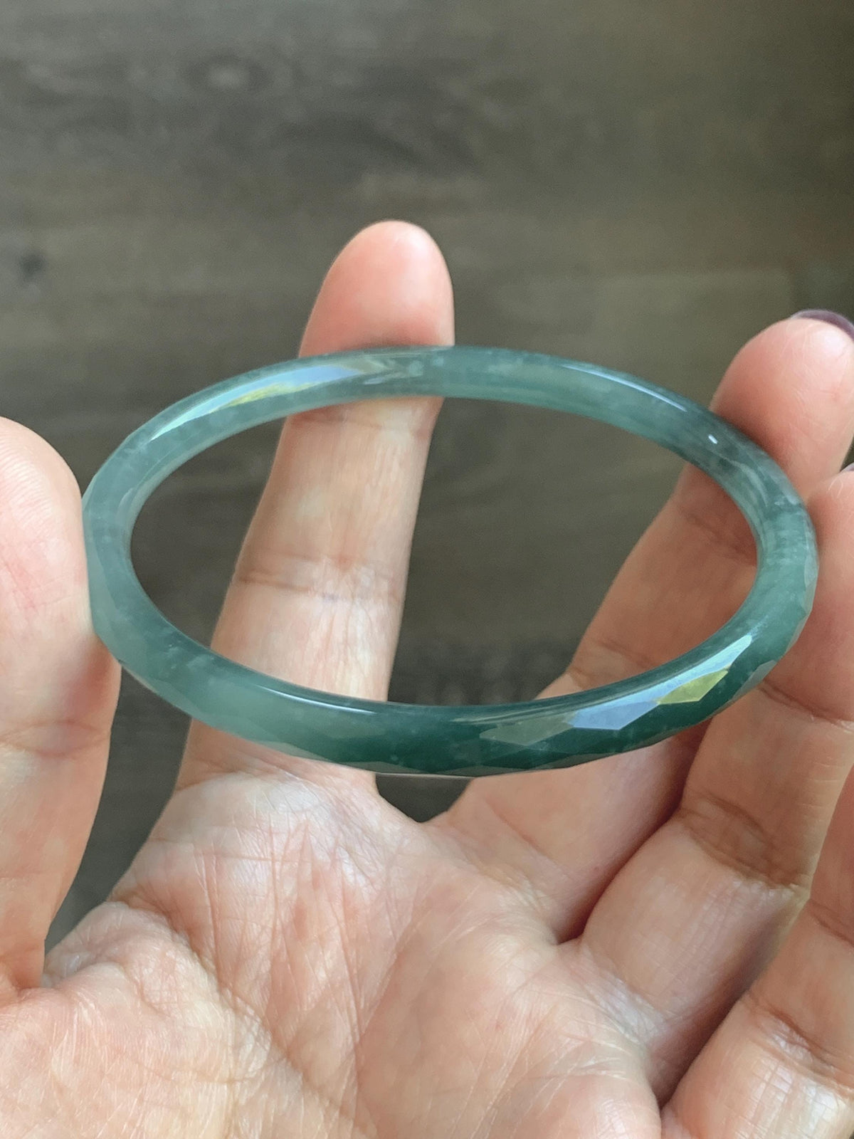 Certified Natural Grade A Guatemalan Icy Translucent Dusty Teal Jade Jadeite Diamond Faceted Slim Bangle 58.31mm 7.2” 天然冰危蓝绿翡翠细圆条切割面手镯 922