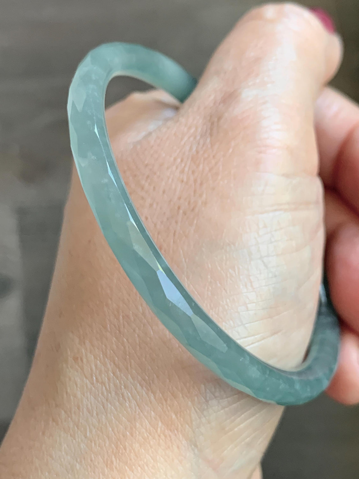Certified Natural Grade A Guatemalan Icy Translucent Dusty Teal Jade Jadeite Diamond Faceted Slim Bangle 58.31mm 7.2” 天然冰危蓝绿翡翠细圆条切割面手镯 922