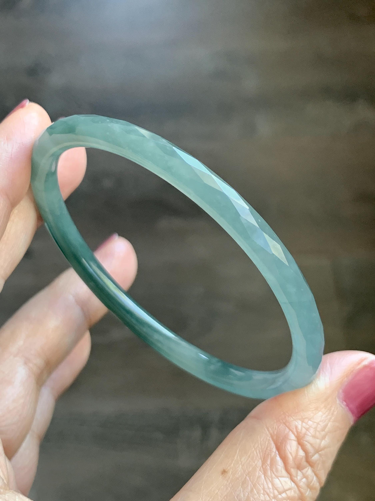 Certified Natural Grade A Guatemalan Icy Translucent Dusty Teal Jade Jadeite Diamond Faceted Slim Bangle 58.31mm 7.2” 天然冰危蓝绿翡翠细圆条切割面手镯 922