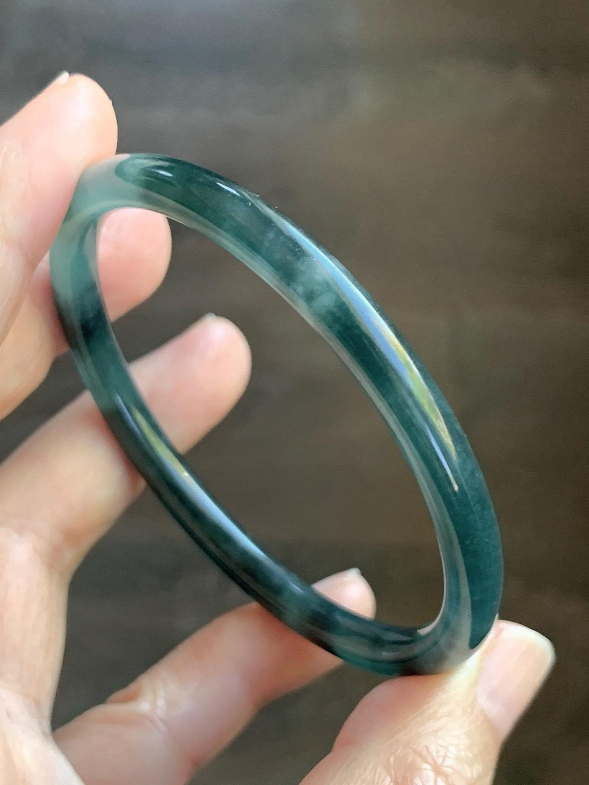 Certified Natural Grade A Guatemalan Icy Translucent Dark Dusty Teal Blue Jade Jadeite Slim Bangle 57.18mm 7.07” 17.19g 天然冰胶危蓝绿翡翠细圆条手镯991