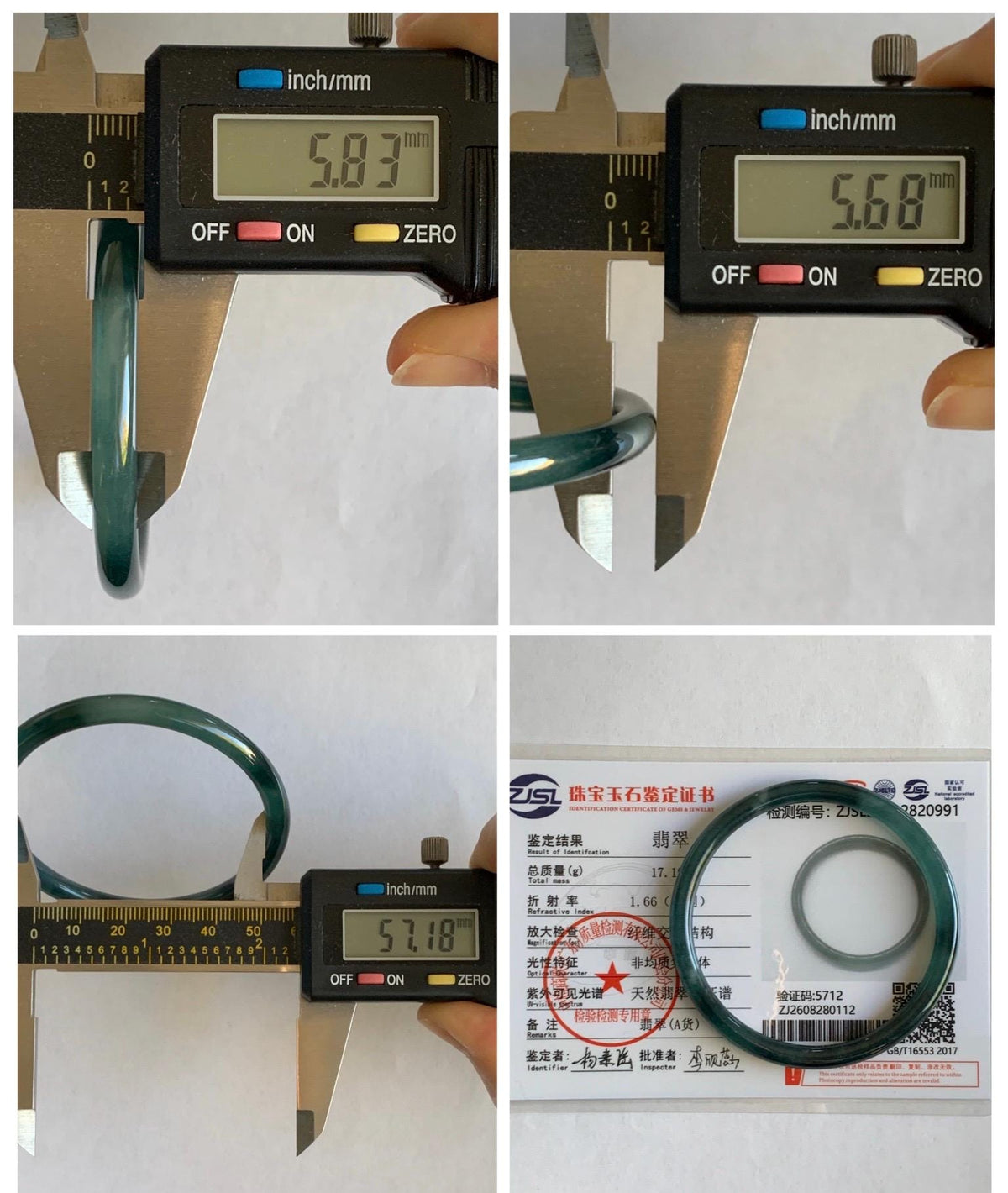 Certified Natural Grade A Guatemalan Icy Translucent Dark Dusty Teal Blue Jade Jadeite Slim Bangle 57.18mm 7.07” 17.19g 天然冰胶危蓝绿翡翠细圆条手镯991