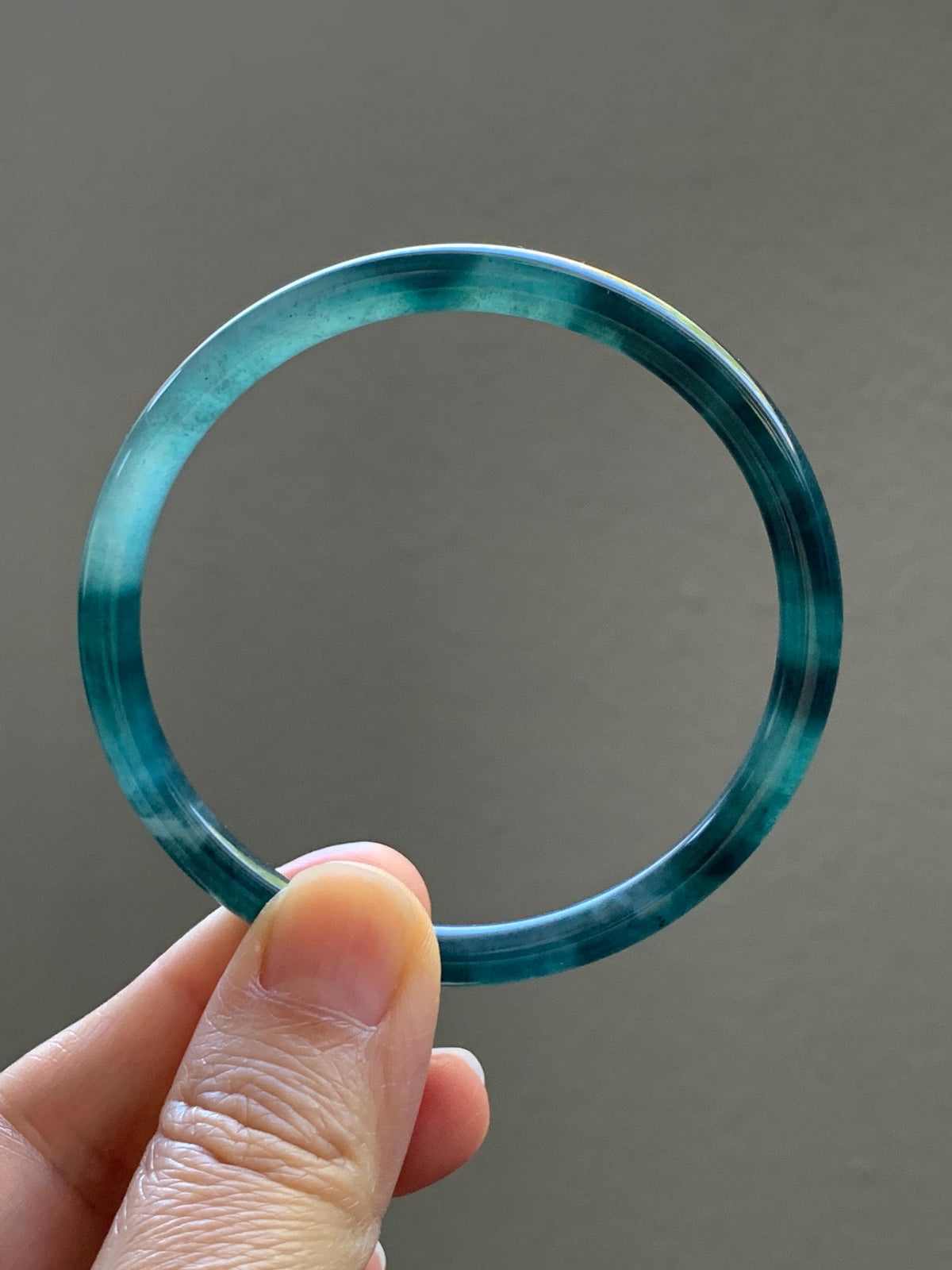 Certified Natural Grade A Guatemalan Icy Translucent Dark Dusty Teal Blue Jade Jadeite Slim Bangle 57.18mm 7.07” 17.19g 天然冰胶危蓝绿翡翠细圆条手镯991